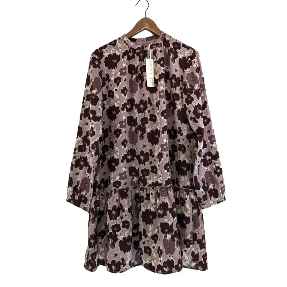 NWT Roolee Women's Bloomwood Mauve Floral Drop Waist Long Sleeve Midi Dress - M